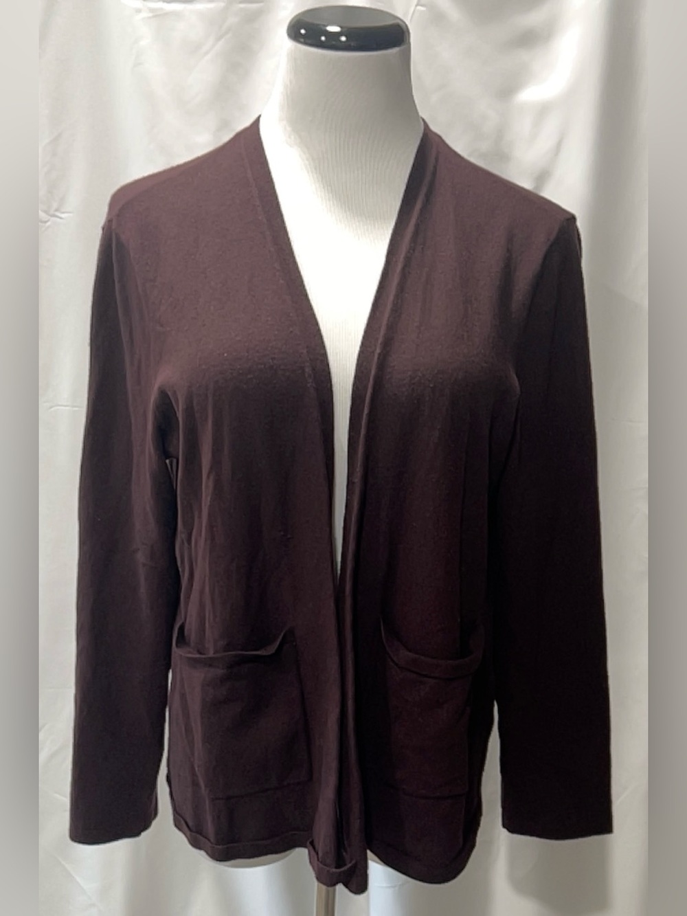 Eileen Fisher Burgundy Wool Blend Open Front Cardigan Pockets XL Italian Yarn
